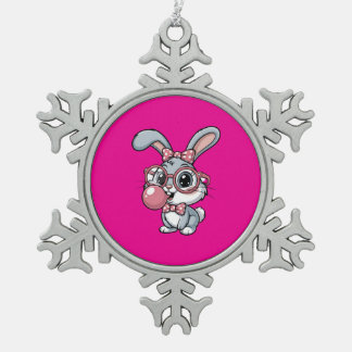 Cute Bunny with Glasses Blowing Bubble Gum スノーフレークピューターオーナメント