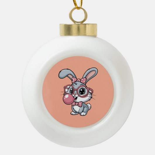 Cute Bunny with Glasses Blowing Bubble Gum セラミックボールオーナメント (正面)