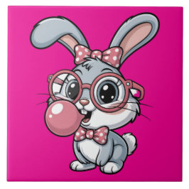 Cute Bunny with Glasses Blowing Bubble Gum タイル