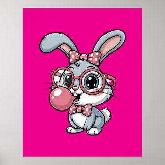 Cute Bunny with Glasses Blowing Bubble Gum ポスター