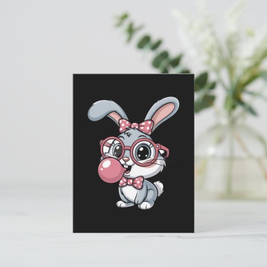 Cute Bunny with Glasses Blowing Bubble Gum ポストカード (スタンド正面)