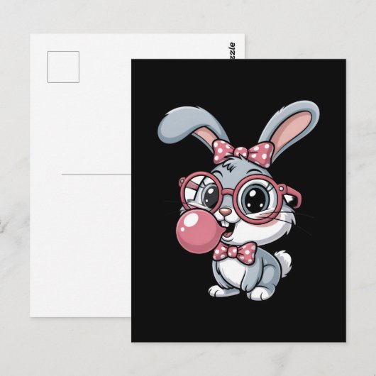Cute Bunny with Glasses Blowing Bubble Gum ポストカード (正面/裏面)
