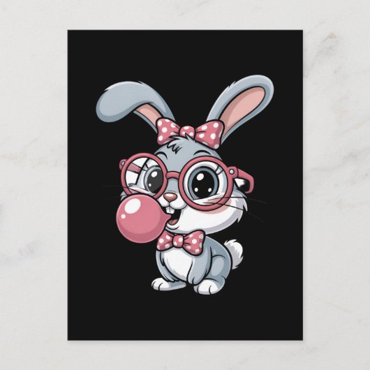 Cute Bunny with Glasses Blowing Bubble Gum ポストカード (正面)