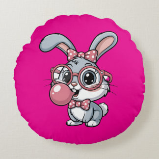 Cute Bunny with Glasses Blowing Bubble Gum ラウンドクッション