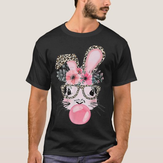Cute Bunny With Leopard Glasses Bubblegum Easter D Tシャツ (正面)
