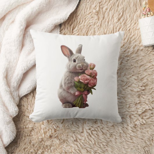  “Cute Bunny with Pink Roses” Adorable Art Design クッション (ブランケット)