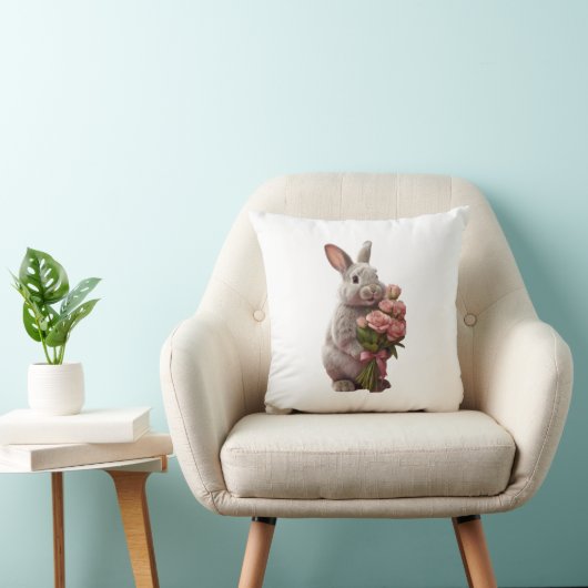  “Cute Bunny with Pink Roses” Adorable Art Design クッション (椅子)