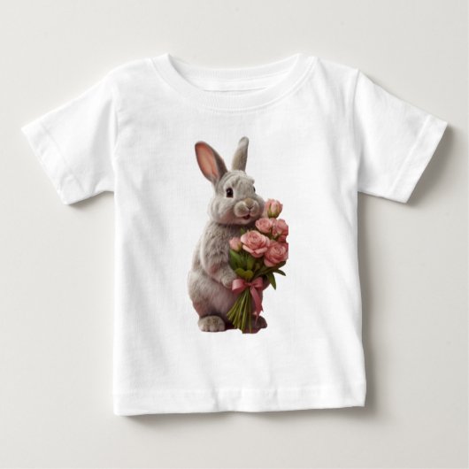  “Cute Bunny with Pink Roses” Adorable Art Design ベビーTシャツ (正面)