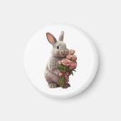  “Cute Bunny with Pink Roses” Adorable Art Design マグネット (正面)