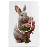  “Cute Bunny with Pink Roses” Adorable Art Design ミディアムペーパーバッグ (裏面)