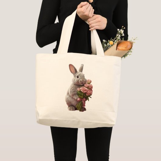  “Cute Bunny with Pink Roses” Adorable Art Design ラージトートバッグ (正面(商品))