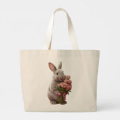  “Cute Bunny with Pink Roses” Adorable Art Design ラージトートバッグ (裏面)