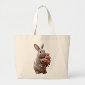  “Cute Bunny with Pink Roses” Adorable Art Design ラージトートバッグ (正面)