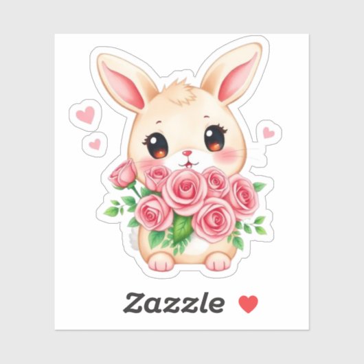 Cute bunny with roses Custom-Cut Vinyl Sticker シール (シート)
