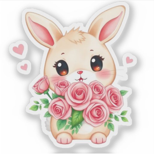 Cute bunny with roses Custom-Cut Vinyl Sticker シール (正面)