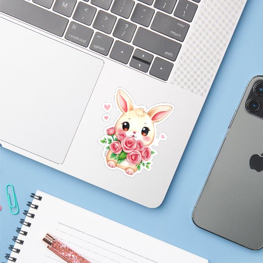 Cute bunny with roses Custom-Cut Vinyl Sticker シール (ノートパソコンとiPhone)