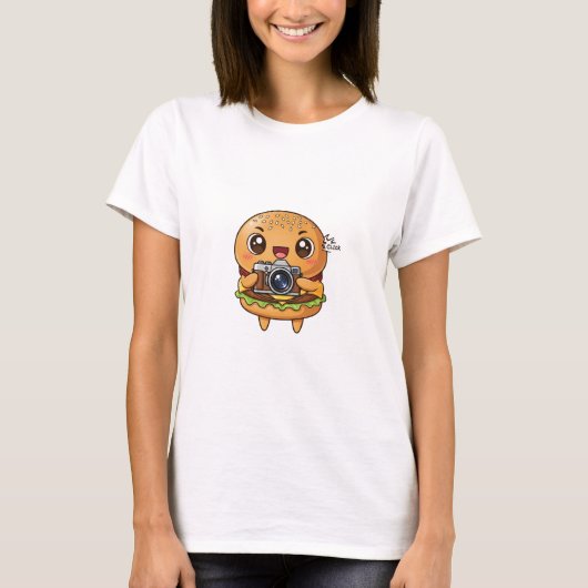 Cute Burger Photographer Cartoon with Retro Camera Tシャツ (正面)