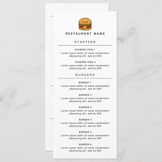 Cute Burger Restaurant メニュー (正面/裏面)