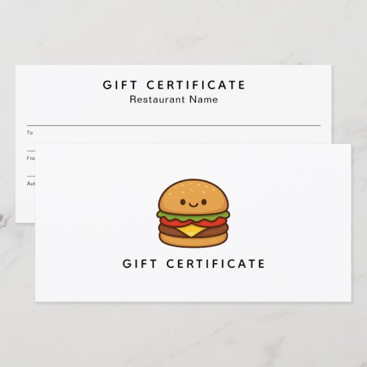 Cute Burger Restaurant Business Gift Certificate (正面/裏面)