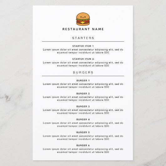 Cute Burger Restaurant Menu (正面)