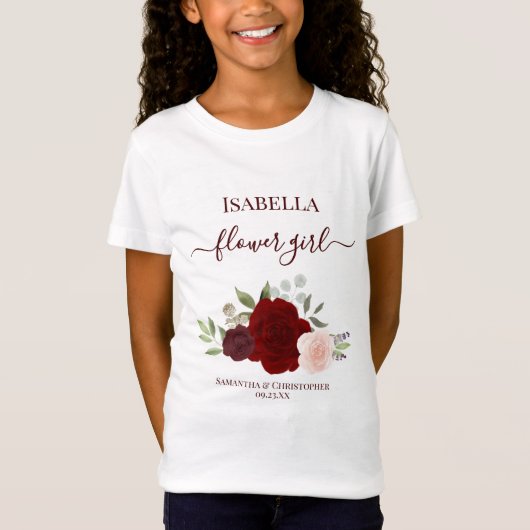 Cute Burgundy & Red Roses Flower Girl Gift Wedding Tシャツ (正面)