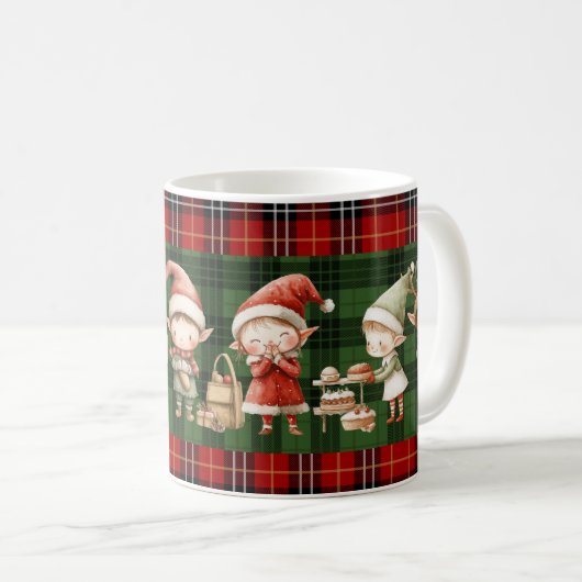 Cute Busy Elves Christmas Green Plaids コーヒーマグカップ (正面右)