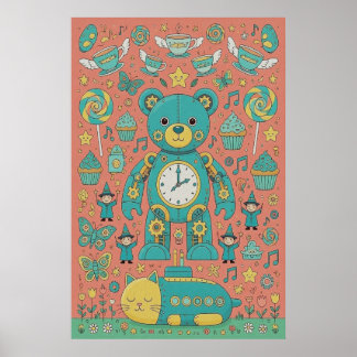 Cute Busy Teddy Bear Illustration  ポスター