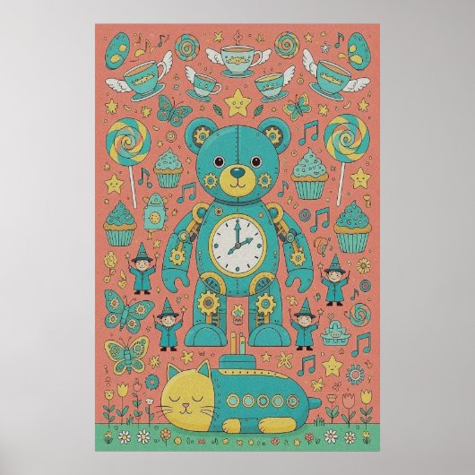Cute Busy Teddy Bear Illustration  ポスター (正面)