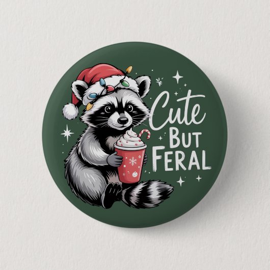 Cute But Feral Christmas Raccoon Funny Animal 缶バッジ (正面)