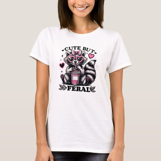 Cute but Feral Raccoon Pink Glasses Tシャツ (正面)