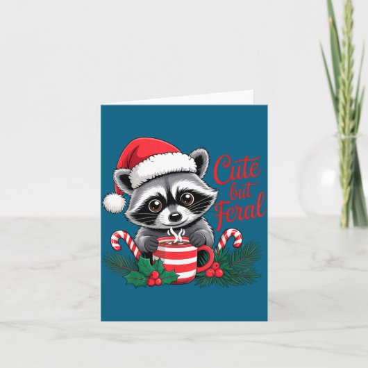 Cute But Feral Raccoon With Santa Hat Xmas Cute Ch カード (正面)