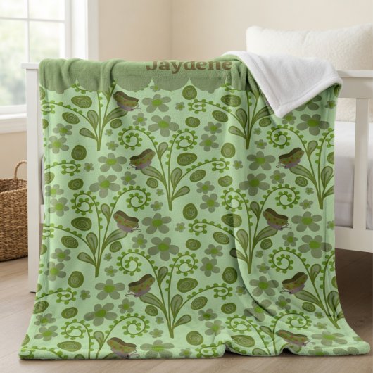 Cute Butterflies And Plants Shades Of Green フリースブランケット