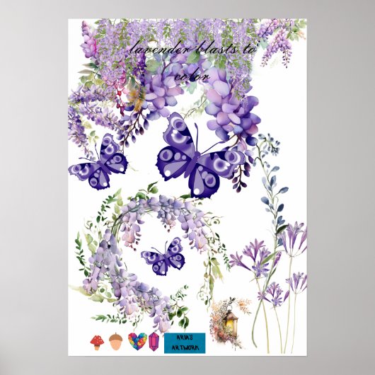 cute butterfly and lavender room wall poster ポスター (正面)
