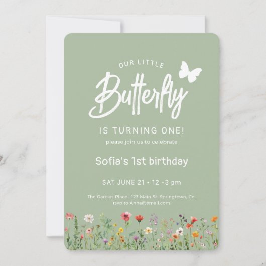 Cute Butterfly First Birthday Invitation 招待状 (正面)