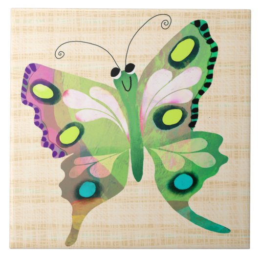Cute Butterfly in Blue Ceramic Tile タイル (正面)