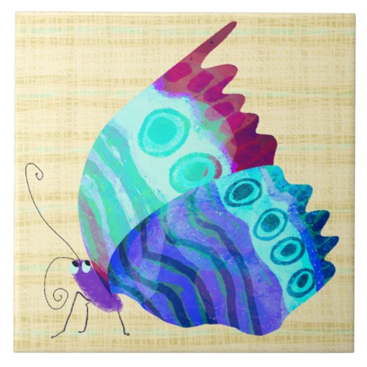 Cute Butterfly in Blue Ceramic Tile タイル (正面)