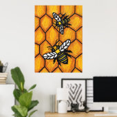 Cute Buzzing Bees on Honeycomb ポスター (ホームオフィス)