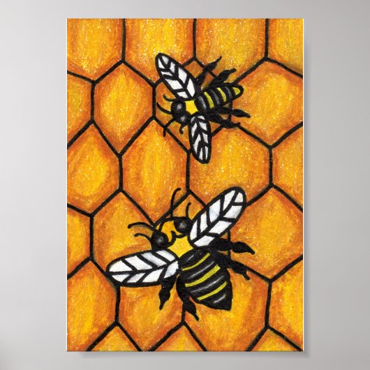 Cute Buzzing Bees on Honeycomb ポスター (正面)