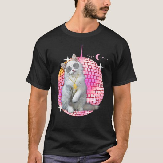 Cute Ca Cat Disco Retro Techno Dj Cat Party T Tシャツ (正面)