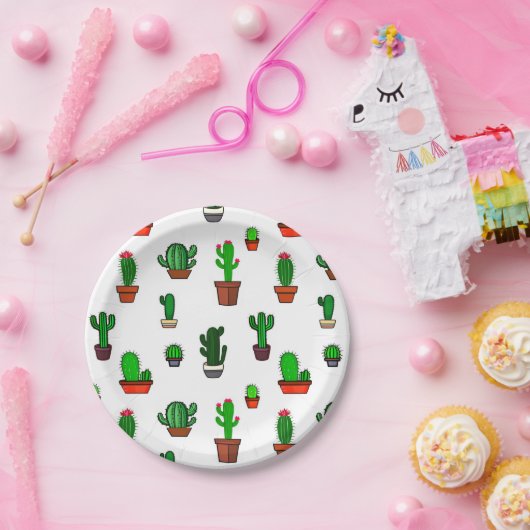 Cute Cactus illustrations Pattern White ペーパープレート (パーティー)
