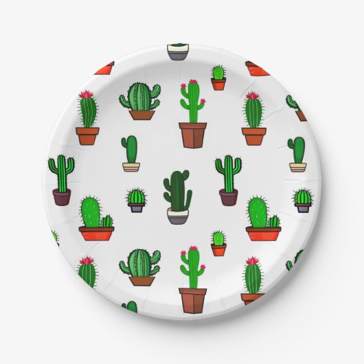 Cute Cactus illustrations Pattern White ペーパープレート (正面)