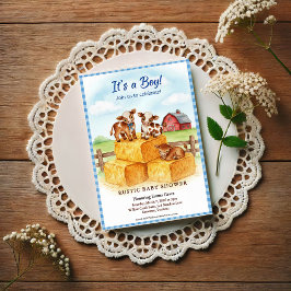 Cute Calf Baby Shower Gingham Hay Invitation ポストカード