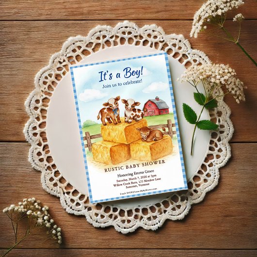 Cute Calf Baby Shower Gingham Hay Invitation ポストカード