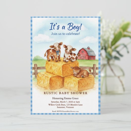 Cute Calf Baby Shower Gingham Hay Invitation 招待状 (スタンド正面)