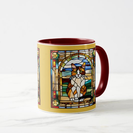 Cute Calico Cat Stained Glass Coffee Mug マグカップ (正面右)