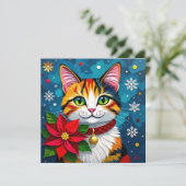 Cute Calico Cat with Poinsettias Custom Christmas シーズンカード (スタンド正面)