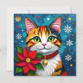 Cute Calico Cat with Poinsettias Custom Christmas シーズンカード (正面)