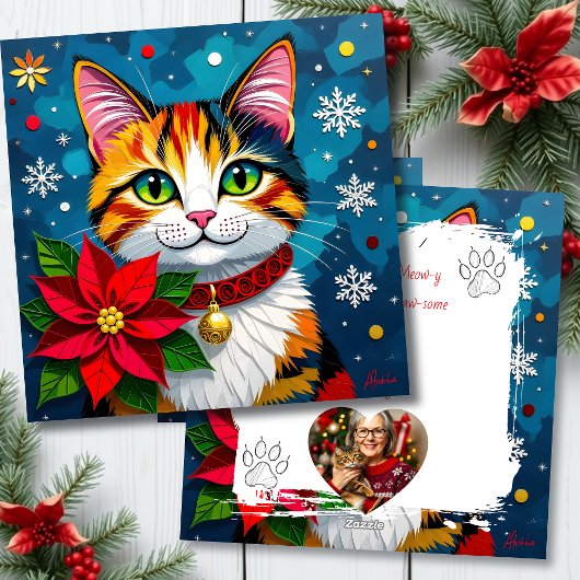 Cute Calico Cat with Poinsettias Custom Christmas シーズンカード