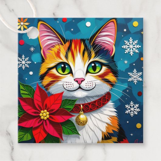 Cute Calico Kitty Cat and Poinsettia Christmas フェイバータグ (正面)
