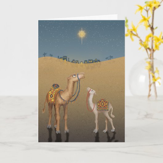 Cute camels in Bethlehem Christmas card カード (黄色い花)